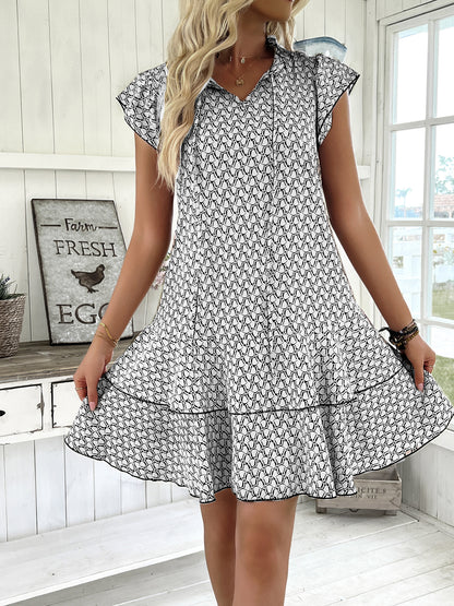 Women's Mini Dress - Ruffled Short Sleeves - Tie-Neck - Flowy Lightweight Fit