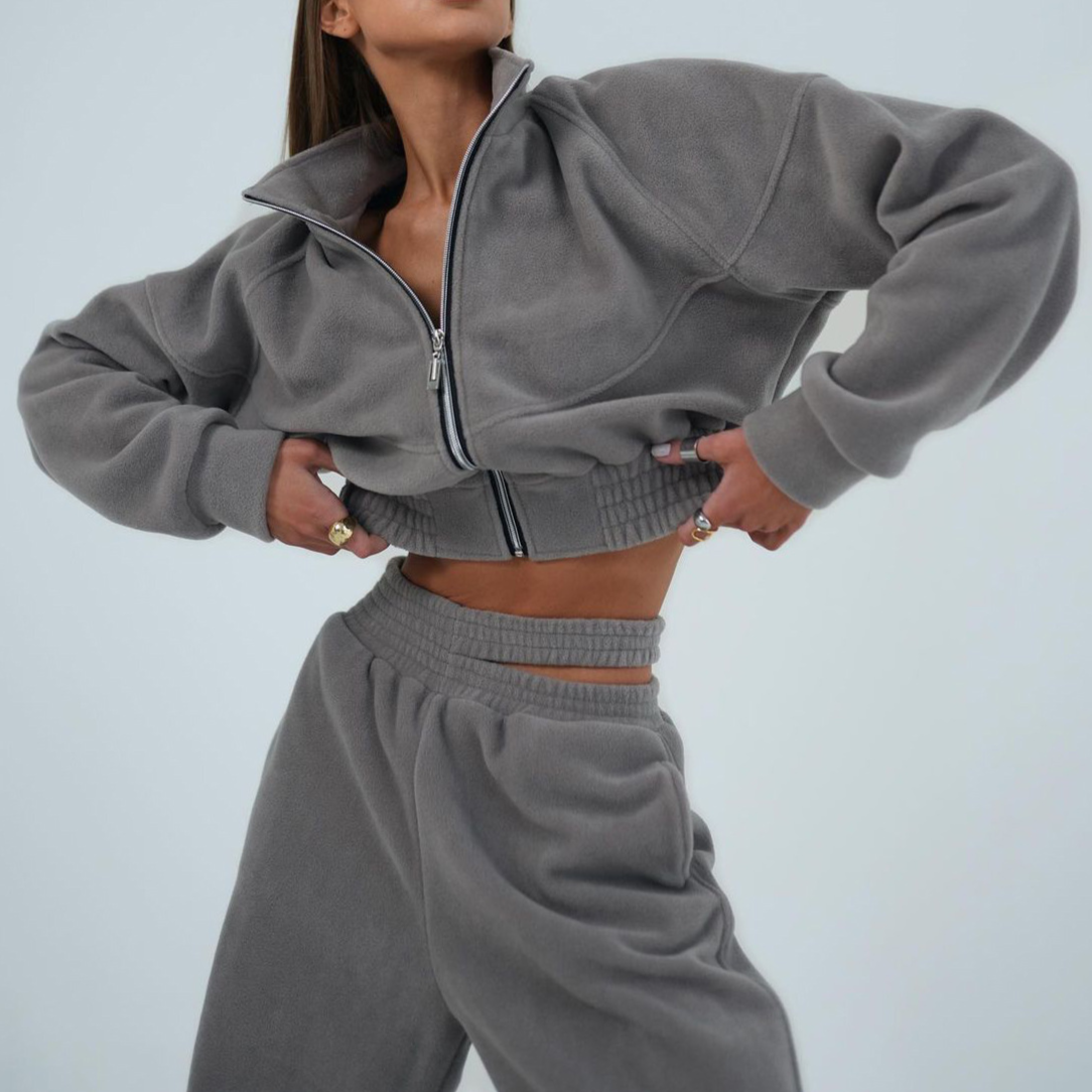 Women's fleece crop zip-up jacket with cutout waist joggers