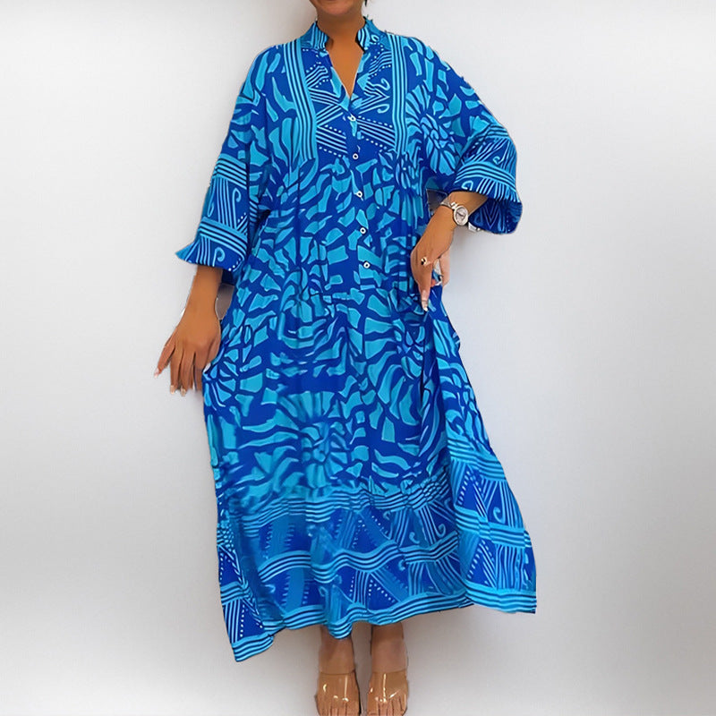 Women’s Midi Dress – Loose Fit – Lightweight Fabric – Printed – Button Front Sleeves
