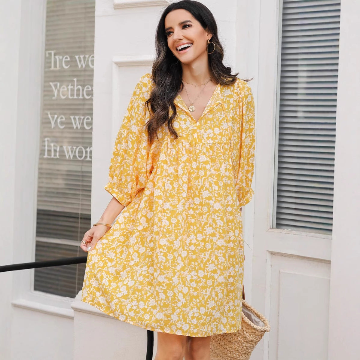 Women’s Midi Dress – Cotton Blend – V-Neck – Lantern Sleeve – Bohemian Floral Print