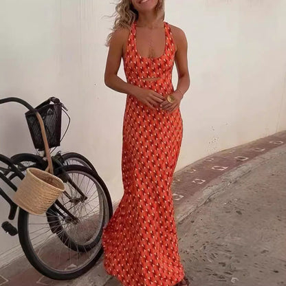 Women’s Long Dress – Slim Fit Halter Neck – Cut-Out Detail – Printed Lightweight Fabric