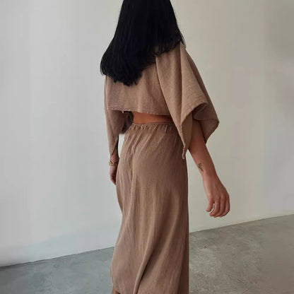Women’s Maxi Dress – Cotton Linen Blend – Slim Fit – V-Neck – Cut-Out Waist – High Slit