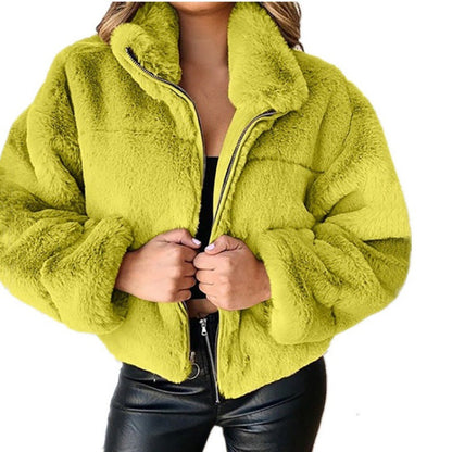 Women’s Cardigan Coat – Faux Fur – Oversized Fit – Zipper Front – High Collar