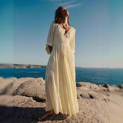 Women’s Maxi Dress – Cotton Blend – V-Neck – Empire Waist – Flowy Boho Fit