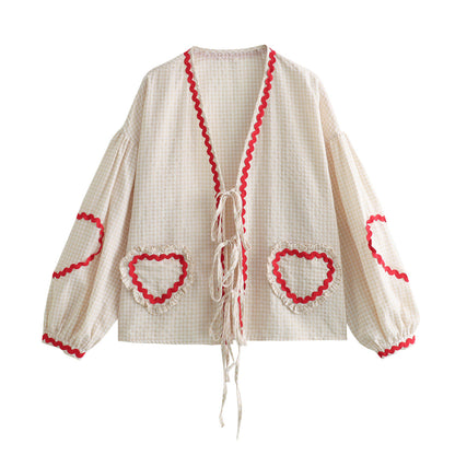Women's Blouse - Gingham Checkered - Open Back with Ties - Puff Sleeve Embroidered