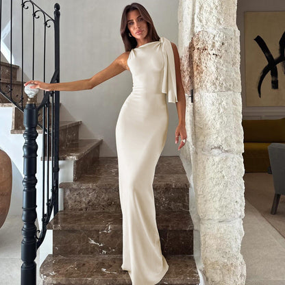 Women’s One-Shoulder Dress – Satin Feel – Slim Fit – Floor-Length Formal Gown