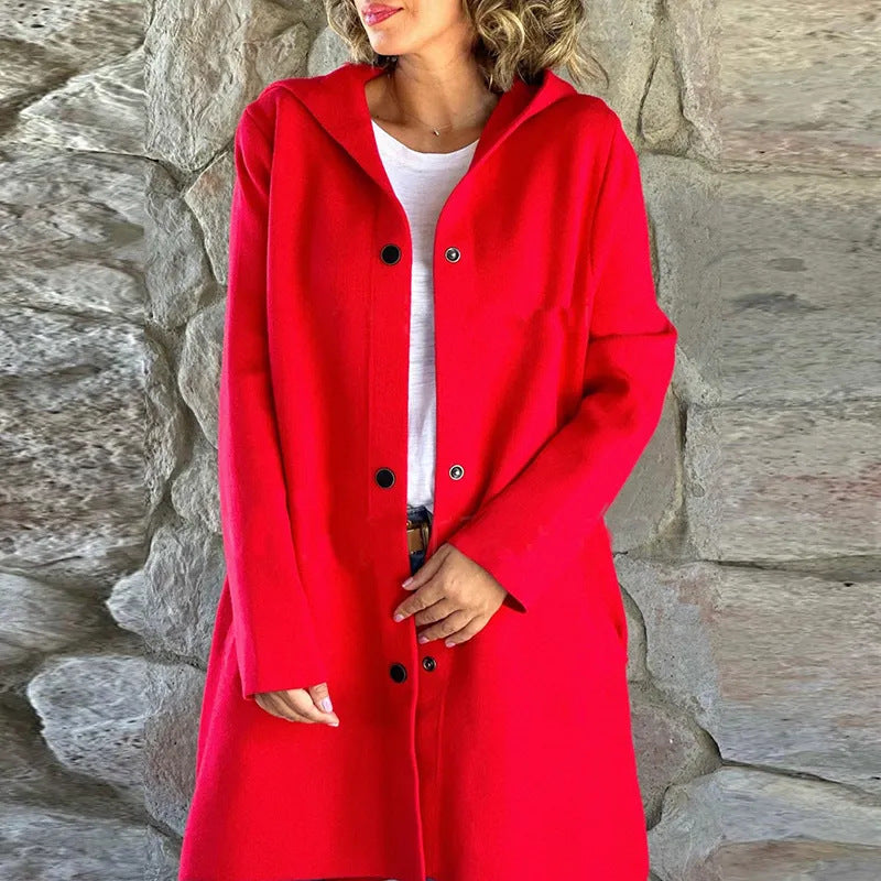 Wool Blend Relaxed Fit Hooded Long Coat 