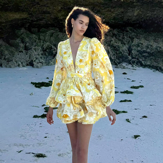 Floral Long Sleeve Cinched Waist Mini Dress