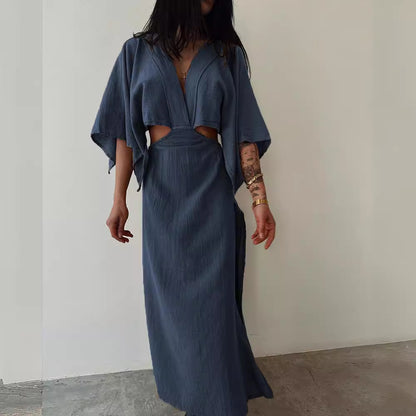Women’s Maxi Dress – Cotton Linen Blend – Slim Fit – V-Neck – Cut-Out Waist – High Slit