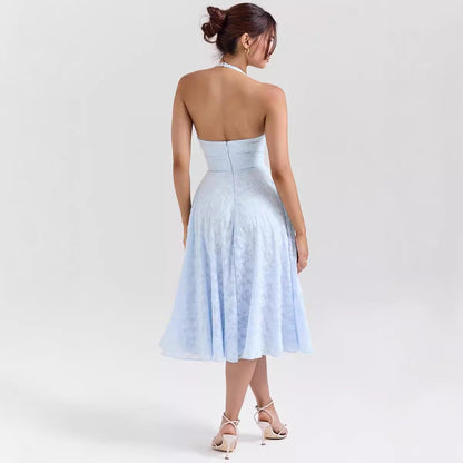 Women’s Halter Dress – Slim Fit – Satin Finish – Deep V-Neck – Midi A-Line Skirt