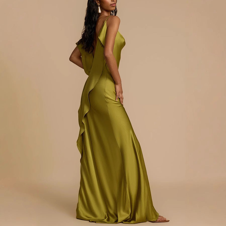 Women’s Slip Dress – Satin Fabric – Cowl Neck – Spaghetti Straps – Side Slit – Full Length