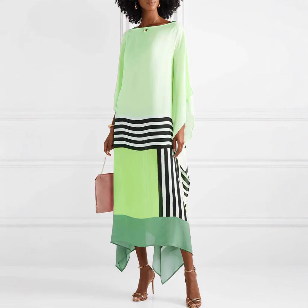 Women’s Asymmetrical Midi Dress - Striped Hem - Loose Fit - Elegant Long Sleeve
