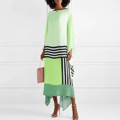 Women’s Asymmetrical Midi Dress - Striped Hem - Loose Fit - Elegant Long Sleeve
