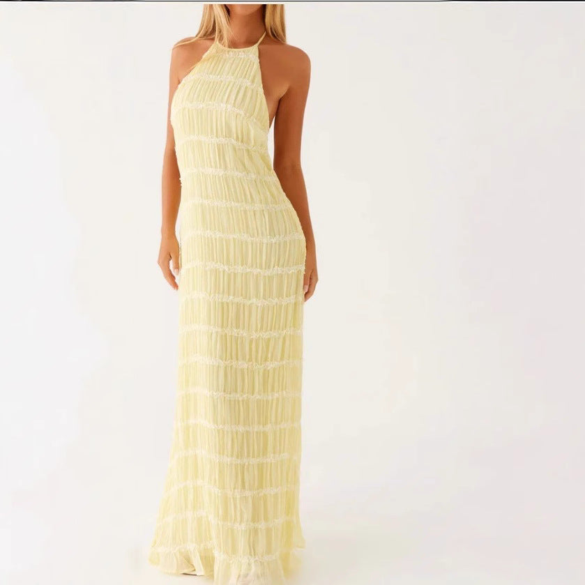 Lace Trim Halter Neck Flowy Maxi Dress