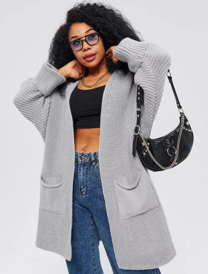 Women’s Knitted Cardigan – Oversized Fit – Ribbed Texture – Open Front – Front Pockets