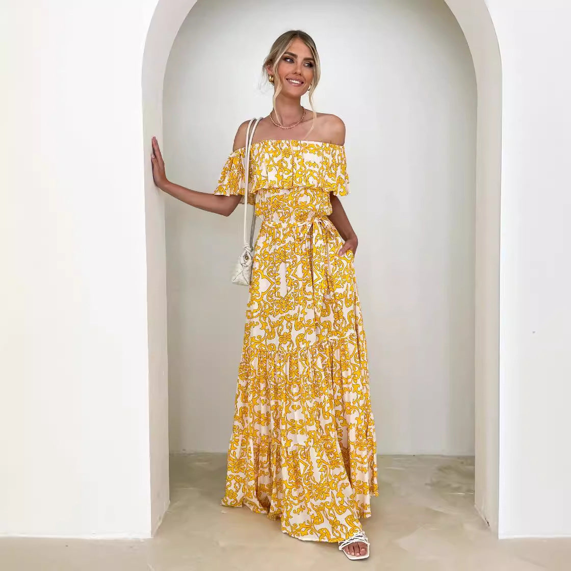 Ruffle Neck Off-Shoulder Waist-Tie Maxi Dress