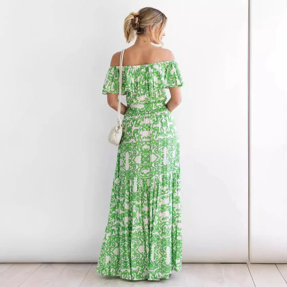 Women’s Maxi Dress – Off Shoulder – Ruffle Neckline – Tiered Skirt – Waist Tie