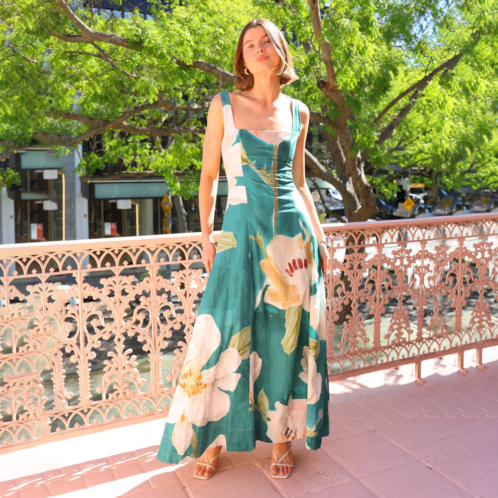 Women’s Maxi Dress – Cotton Blend – A-Line Fit – Sleeveless – Square Neck – Floral Print