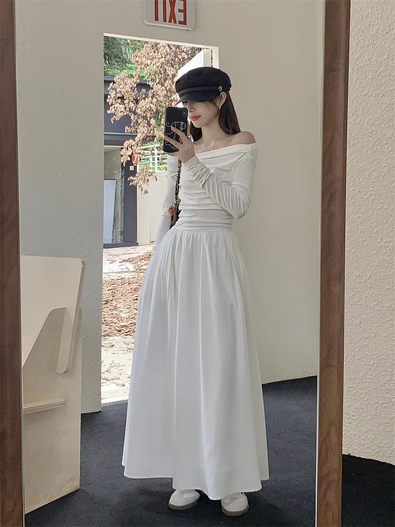 Women's Off-Shoulder Maxi Dress - Elegant Long Sleeve - Classic Flowing Skirt