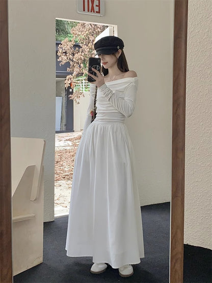 Women's Off-Shoulder Maxi Dress - Elegant Long Sleeve - Classic Flowing Skirt