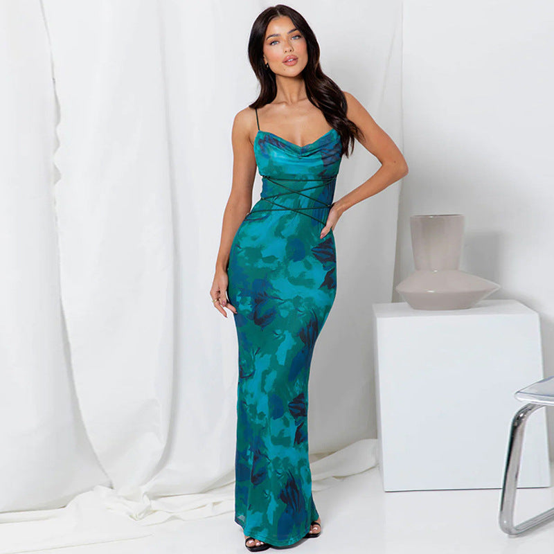 Women’s Sleeveless Dress – Slim Fit – Cowl Neck – Open Back – Floral Print – Full Length