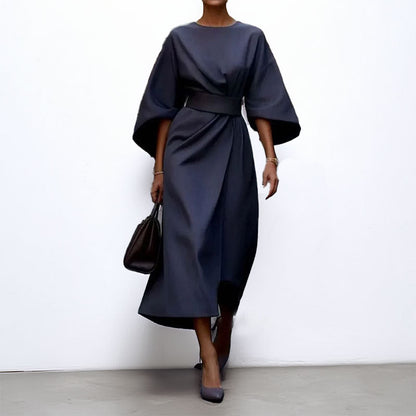 Women’s Long Dress – Satin Feel – Fitted Waist – Batwing Sleeve – Elegant Flow