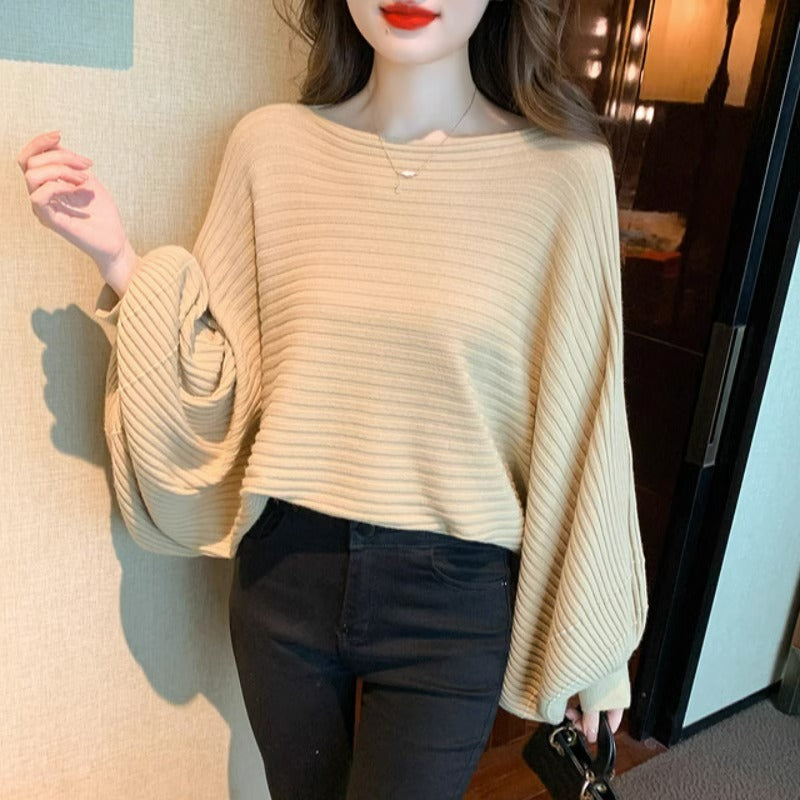 Ribbed Pullover Top - Casual Balloon Sleeve Sweater 