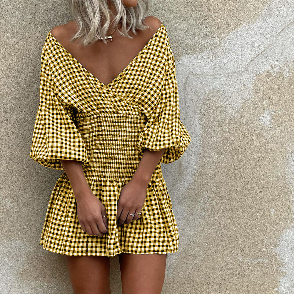 Gingham Puff Sleeve Cotton Blend Mini Dress