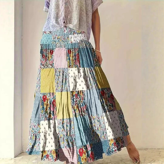 Flowy Patchwork Boho Maxi Skirt 