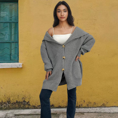 Women’s Oversized Cardigan – Knitted Fabric – Button Front – Thigh Length – Pockets