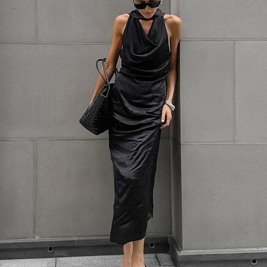 Fitted Satin Halter Neck Dress