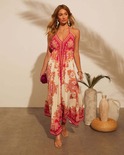 Women’s Long Dress – V-Neck Spaghetti Strap – A-Line Fit – Asymmetrical Hem – Formal Wear