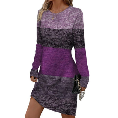 Women's Knit Dress - Striped Color Block - Long Sleeve - Round Neck - Casual Fit