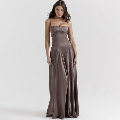 Women’s Midi Dress – Silky Fabric – Slim Fit Bodice – Spaghetti Straps – Flowing Skirt