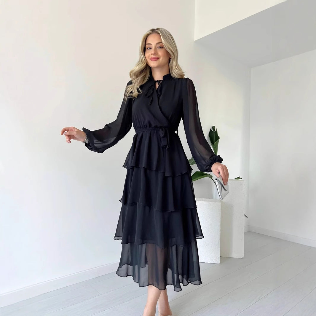 Tiered Chiffon Tie Waist Midi Dress