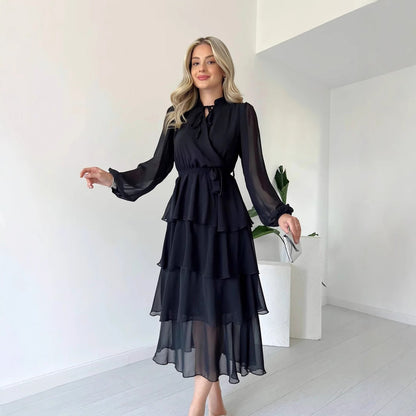 Women’s Chiffon Dress – Tiered A-Line Midi – Long Sleeve – High Neck Tie Waist