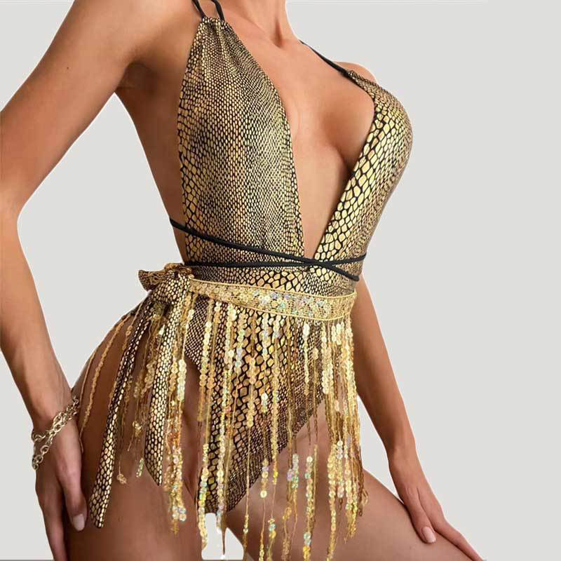 Fringe Waist Snakeskin One-Piece Swimsuit 