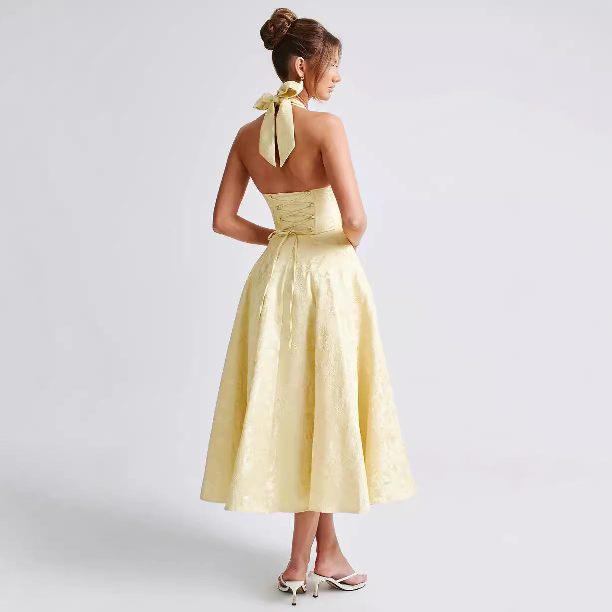 Jacquard Fabric Tie Waist Halter Maxi Dress