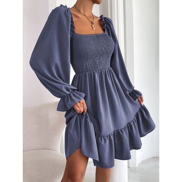 Feechi - square neck shirred bodice flounce sleeve ruffle hem dress