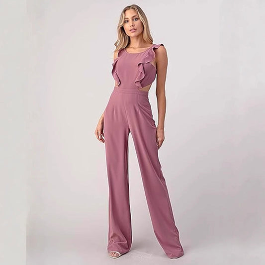 Ruffle Trim Cut-Out Waist Jumpsuit