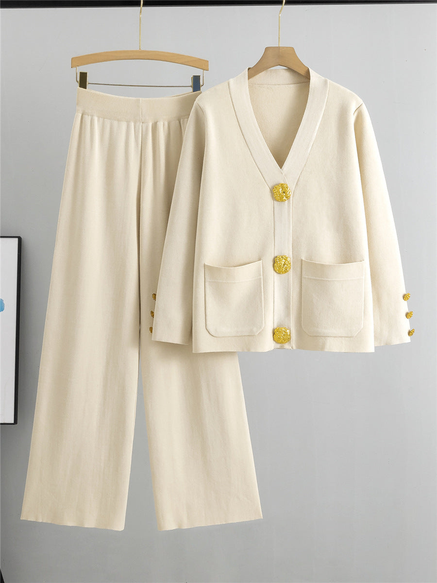 Women's knit v-neck cardigan high waist wide leg pants set