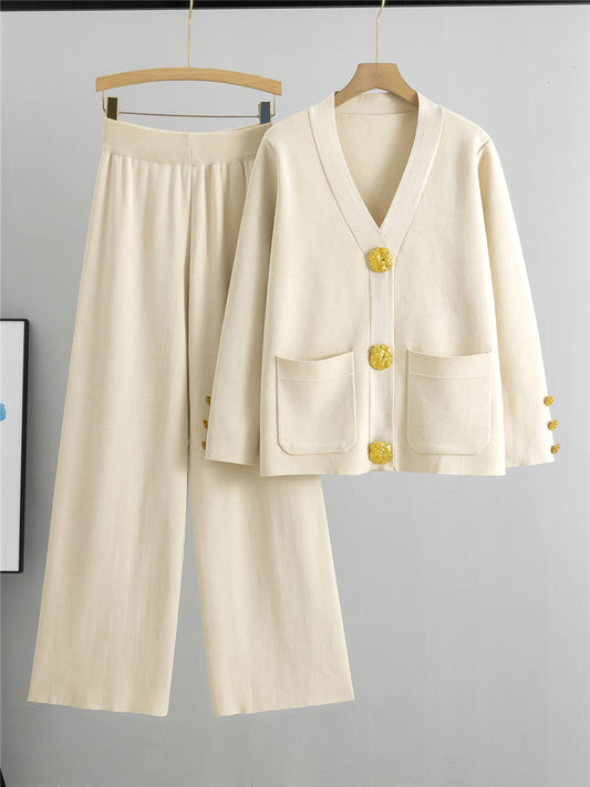 Knit V-Neck Wide Leg Pants Set