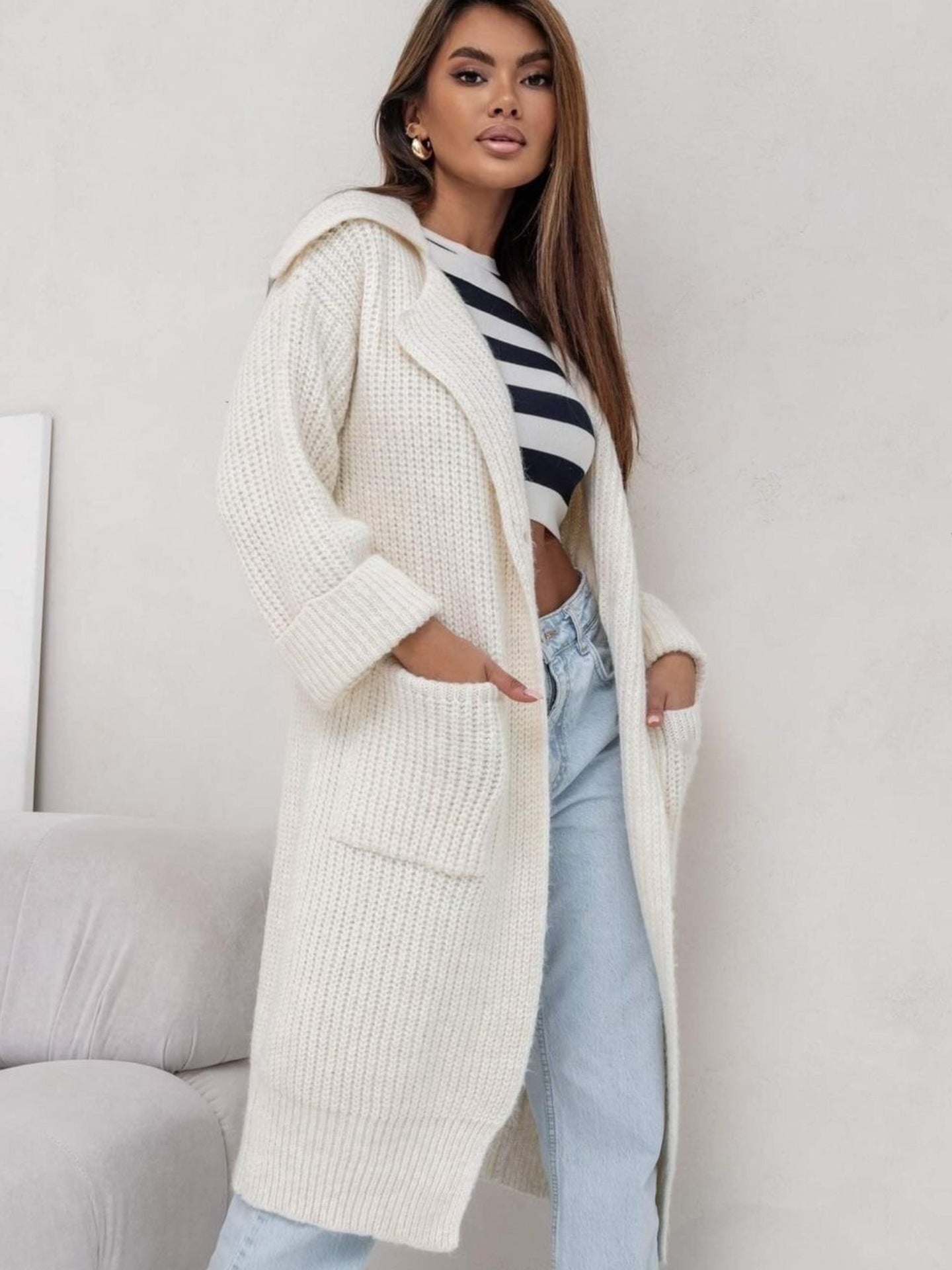 Wool Blend Oversized Knit Coat with Hood 