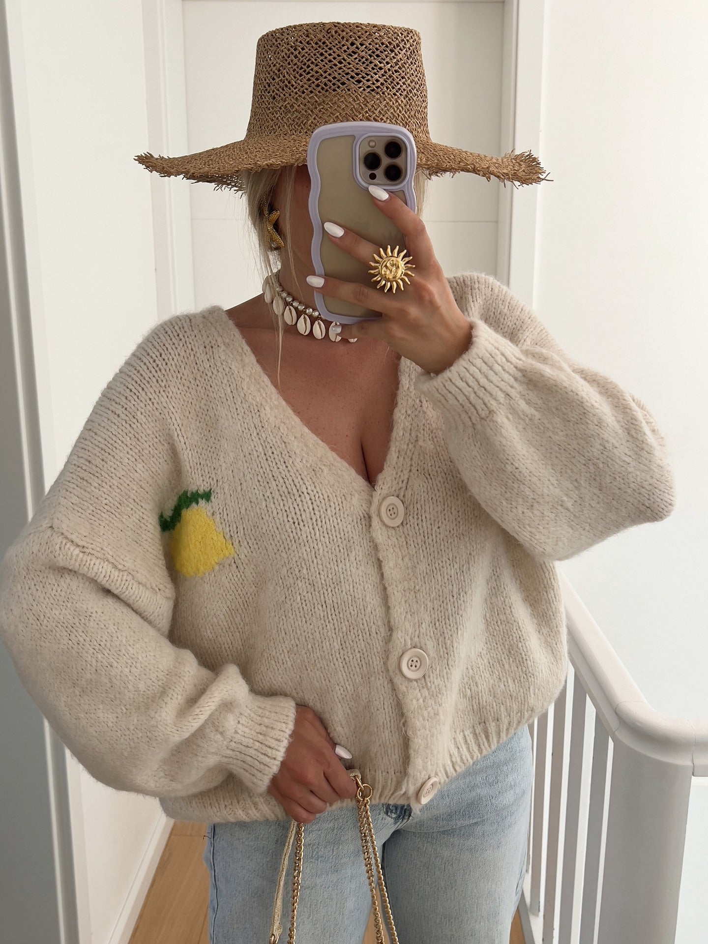 Cropped Relaxed Fit Knit Blend Cardigan Sweater