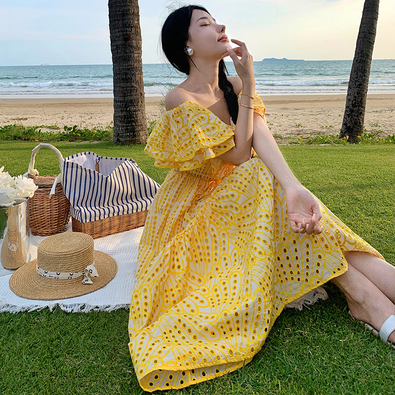 Women's Off-Shoulder Maxi Dress - Ruffle Detail - Smocked Bodice - Flowy A-Line Fit