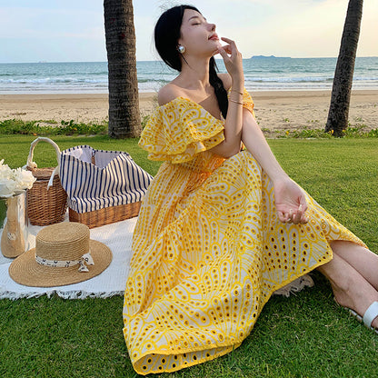 Women's Off-Shoulder Maxi Dress - Ruffle Detail - Smocked Bodice - Flowy A-Line Fit