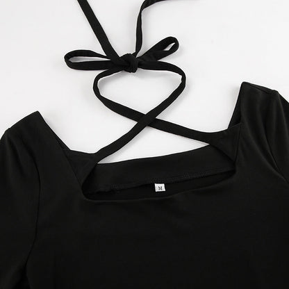 Women's A-Line Dress - Square Neck - Crisscross Strap - Long Sleeve - Slim Fit