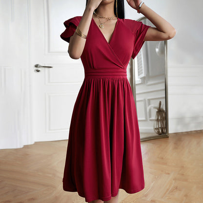 Women's Midi Dress - Wrap Design - V-Neck - Short Ruffled Sleeves - Flattering Fit