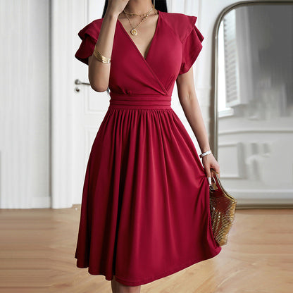 Women's Midi Dress - Wrap Design - V-Neck - Short Ruffled Sleeves - Flattering Fit