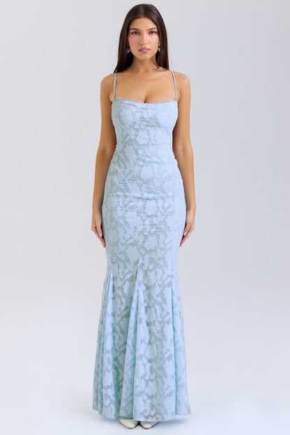 Women’s Maxi Dress – Slim Fit – Satin Feel – Lace Neckline – Spaghetti Straps – Formal Wear
